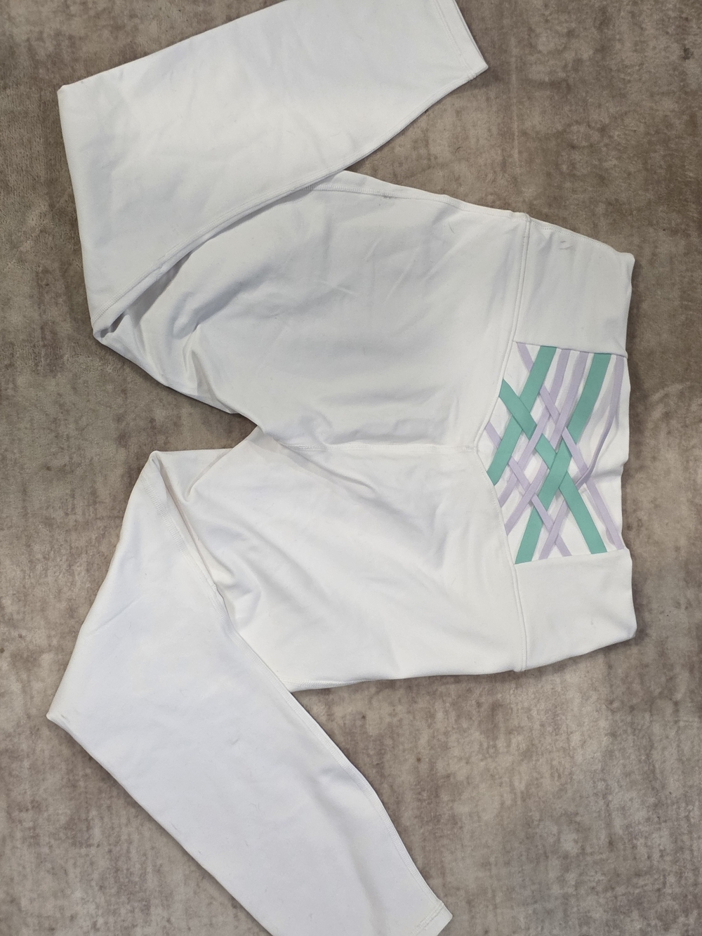 Fabletics White Leggings with Mint & Lavender Waist Detail
